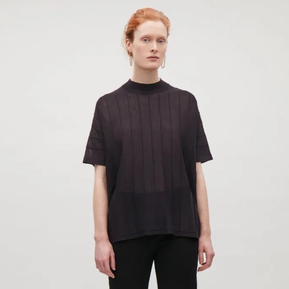 COS Oversized Stitch Tee Top Sheer Minimalist High crew neck Sz L - Picture 1 of 16